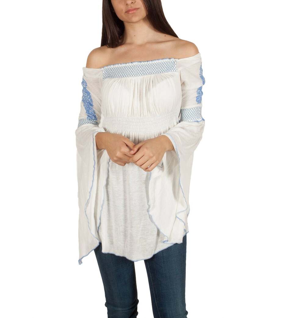 Free People XS White Blue Valley Top Bell Sleeve Boho Romantic Embroidered